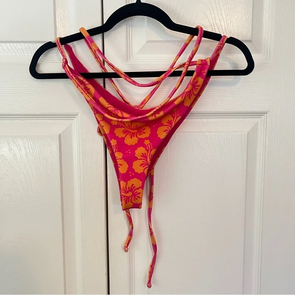 Frankies Bikinis Orange and Pink Terry Hibiscus 3 Piece Bikini Set Size L
